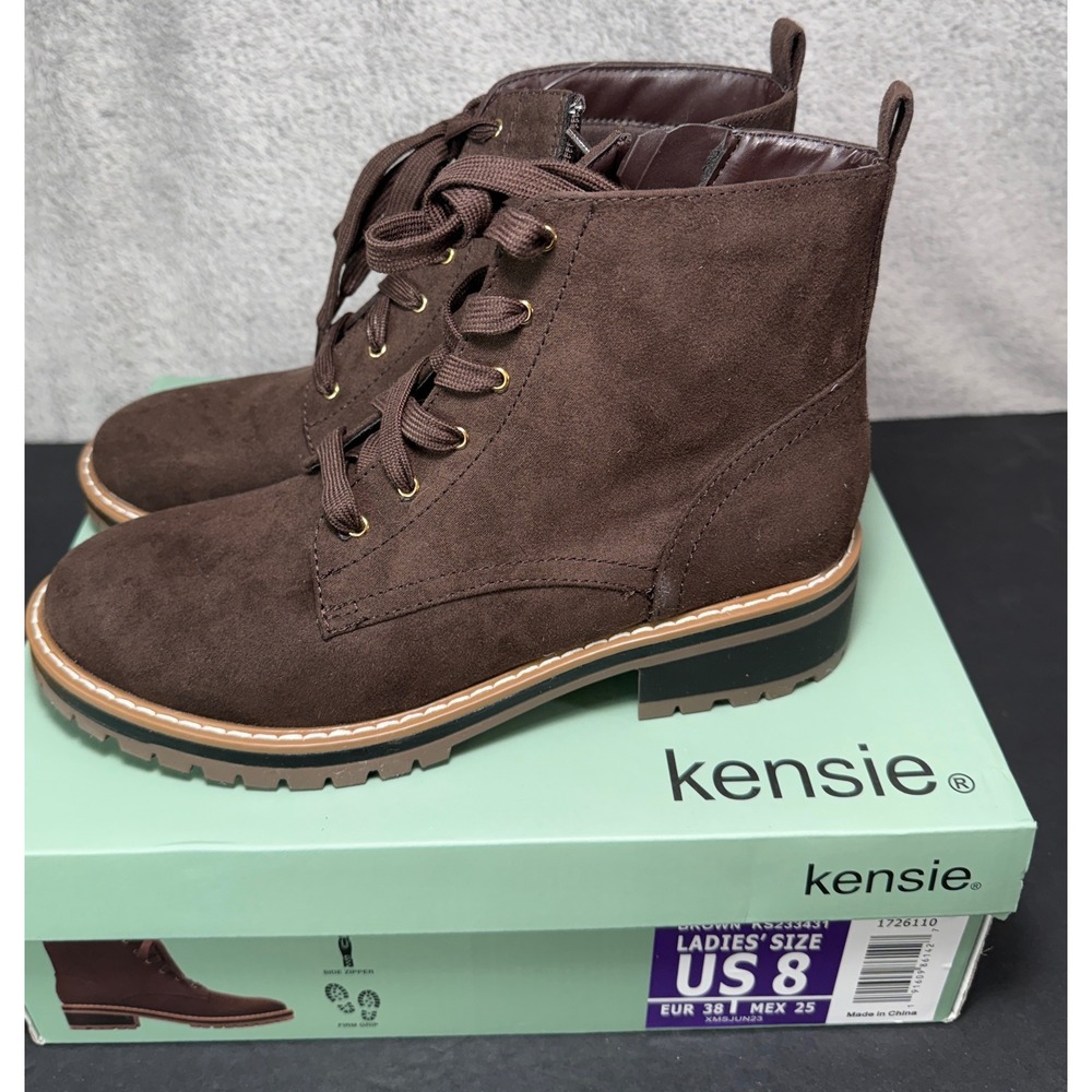 Kensie Ankle Boots Womens Size 8 Brown Faux Suede Lace Up Side Zip Lug Sole